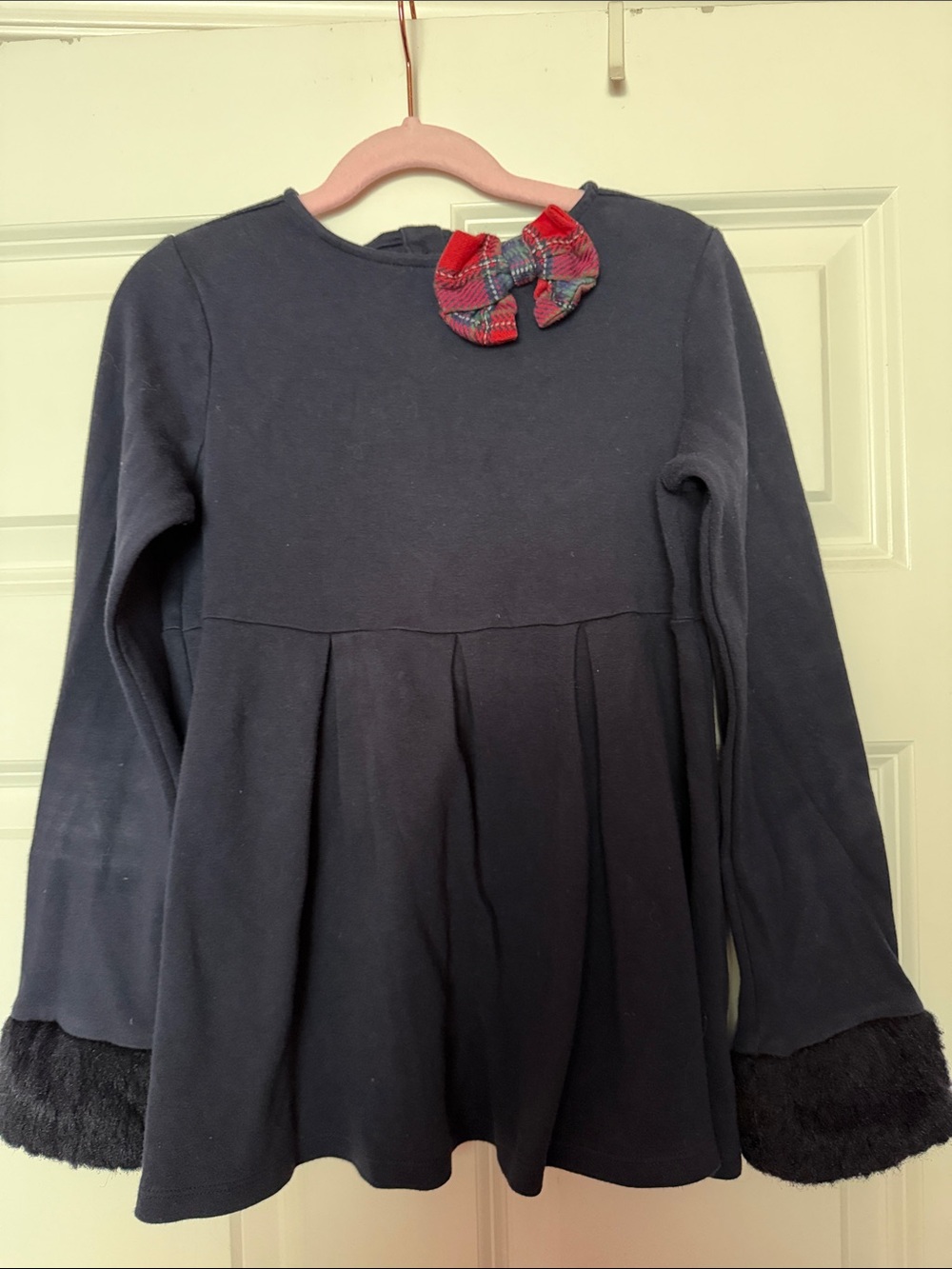 Janie and Jack Navy Long-Sleeve Top with Plaid Bow and faux-fur trimmed cuffs